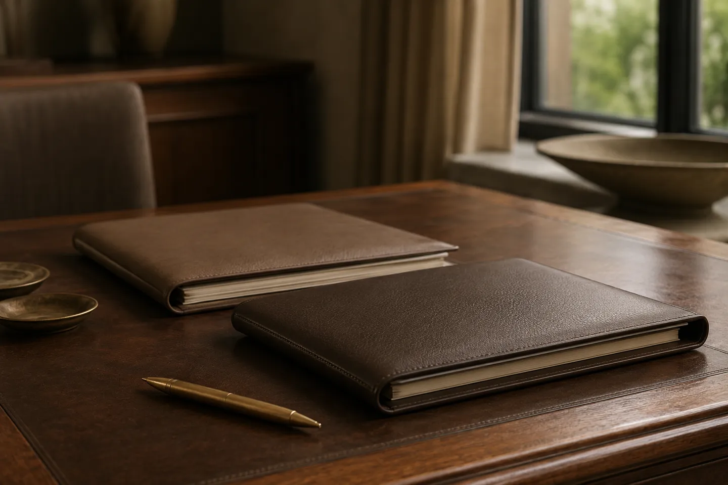 Two closed leather folders and a brass pen on a warm walnut desk.