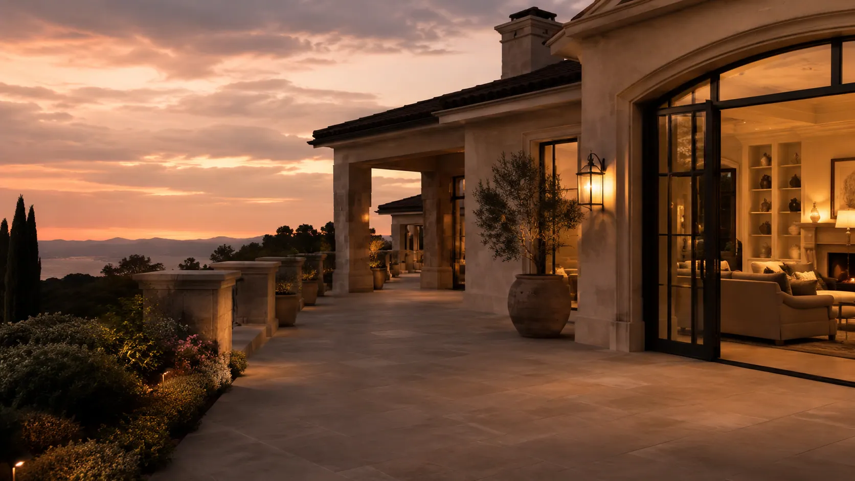 A hillside estate terrace at sunset, glass doors open to a warmly lit room.